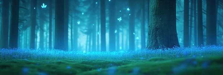 Enchanting Blue Forest Mystical Night Butterflies Flowers