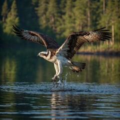 Obraz premium A magnificent osprey catching a fish in a clear mountain lake. Osprey Bird Diving into Water for Fish. Elegant bird in flight over water.