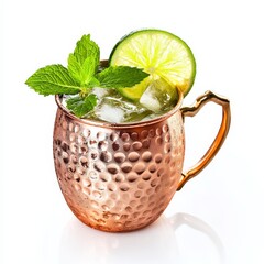 A classic Moscow Mule in a copper mug with lime slice and mint leaves, showcased against an isolated white background, impressionism art style