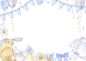 Pastel watercolor card for a baby boy, featuring a charming garland and bunny toy. The hand drawn rectangular border and blank copyspace make it perfect for a baby shower or newborn announcement