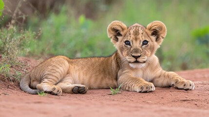 Obraz premium Adorable Lion Cub Resting on Red Earth in African Savanna