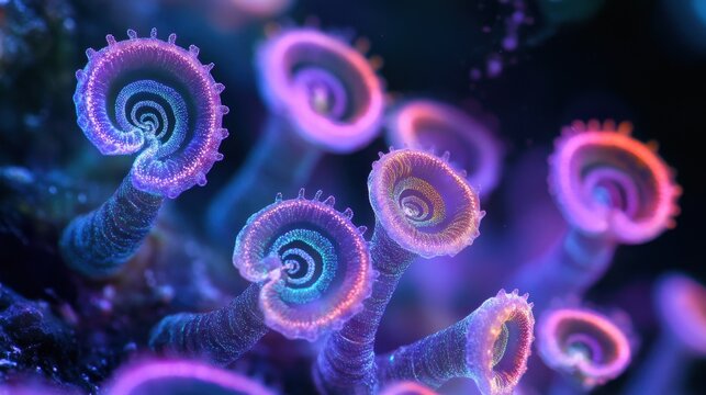 A group of spiral-shaped bacteria under a microscope, highlighted by fluorescent dyes, creating a glowing, otherworldly effect.