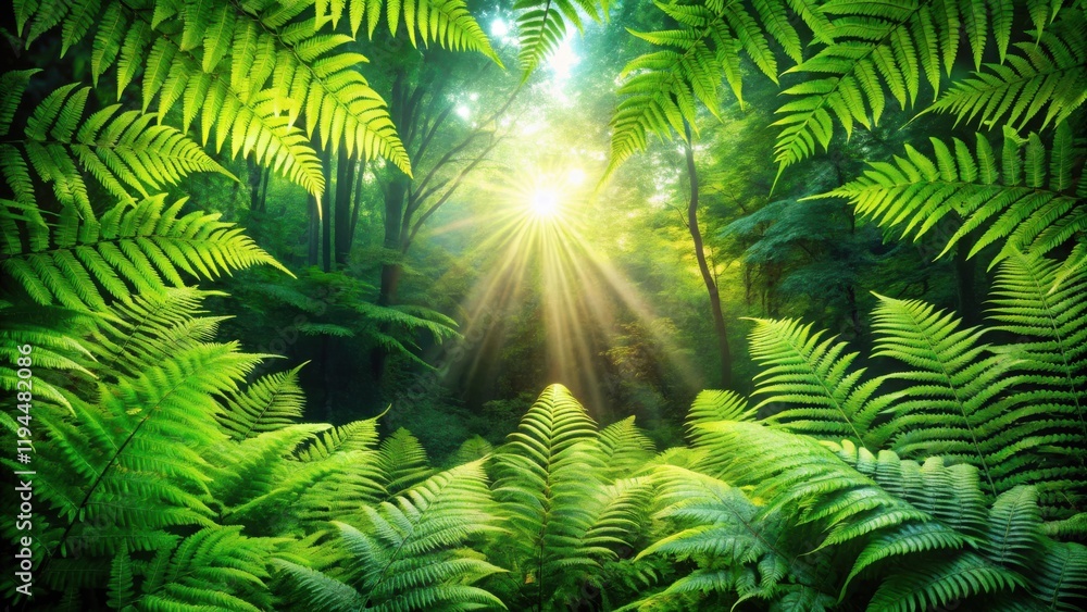 Poster sunlight breaks through a dense canopy of green ferns, casting a warm glow upon the forest floor