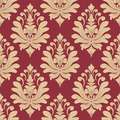 Damask seamless pattern with flowers, red and light brown, vector illustration elegant for textile design, decoration, interior, wall paper, curtain, bedding, cushion cover, upholstery fabric