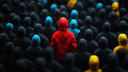 Obraz premium A lively person in vivid hues of red, yellow, and blue, standing out against a background of people dressed in uniform black, with all eyes on them.