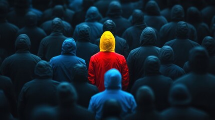 Fototapeta premium A lively person in vivid hues of red, yellow, and blue, standing out against a background of people dressed in uniform black, with all eyes on them.