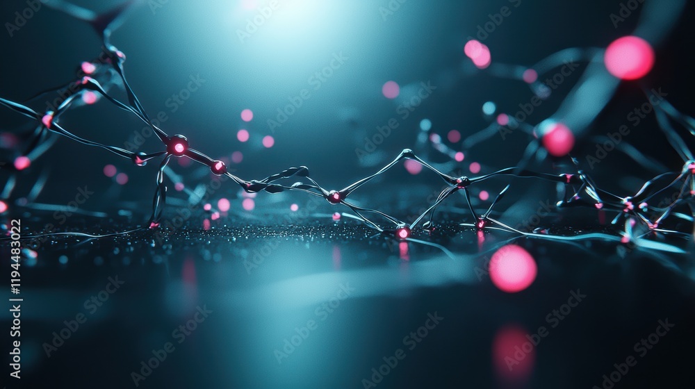 Poster complex network structure composed of interconnected triangles, circles, and squares, with glowing l