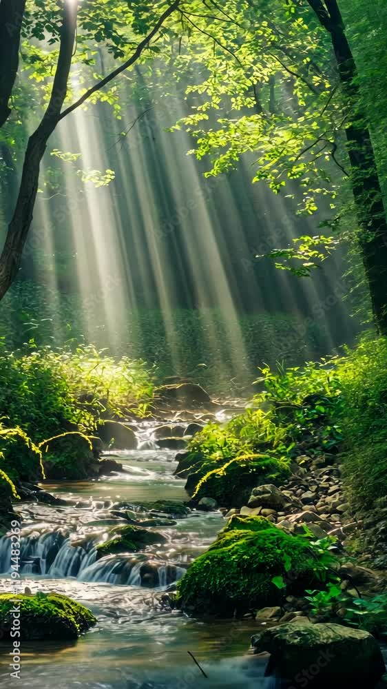 Poster sunlight filtering through trees over a serene stream in a lush forest during early morning hours
