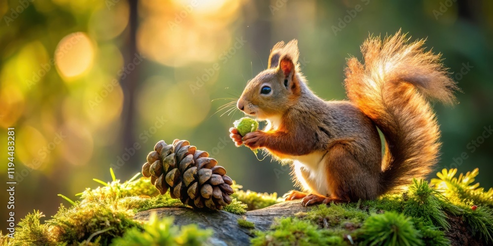 Poster a red squirrel enjoys a nutty snack in the golden light of a sun-dappled forest