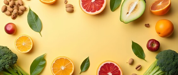 Colorful assortment of fresh fruits and vegetables creatively arranged on white background, top view