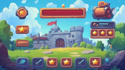 Game interface, popup menu, win and lose windows. Cartoon user ui panel with options, buttons, weapon shop, gui elements, player rate stars, score, asset board, player profile 2d vector graphic design