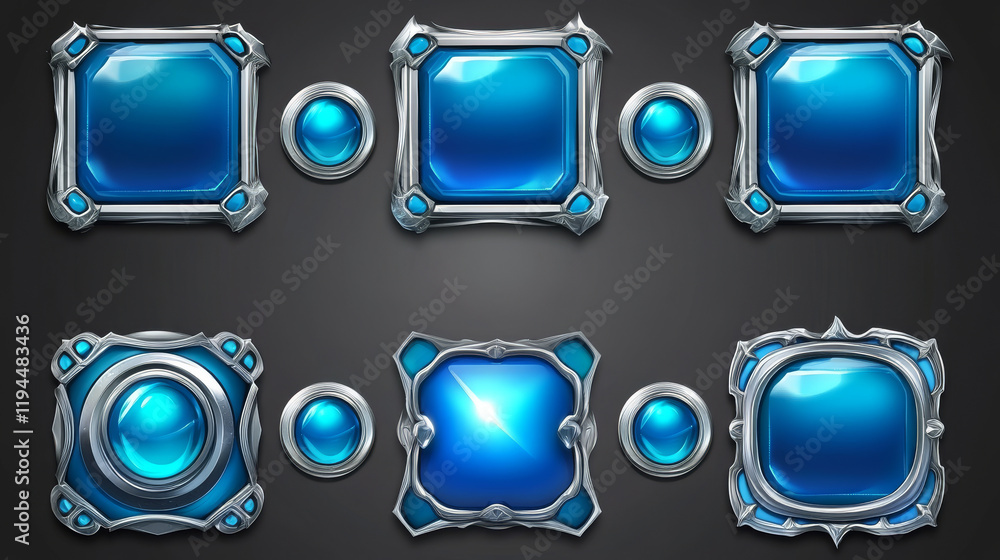 Poster blue buttons with silver decorative frames for rpg game interface. vector cartoon set of square awar