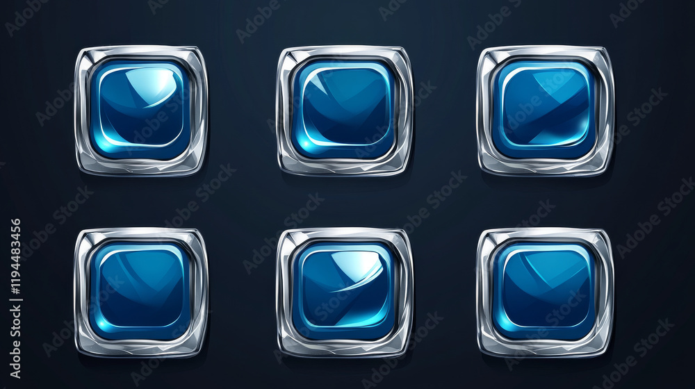 Poster blue buttons with silver decorative frames for rpg game interface. vector cartoon set of square awar
