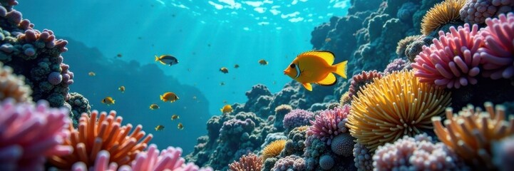 Fototapeta premium Vibrant coral reef teeming with masked butterflyfish , reef, ocean, nature photography