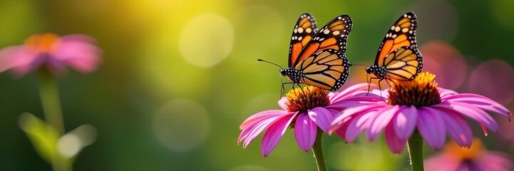 Obraz premium Two monarch butterflies on vibrant purple coneflowers, sunlight dappled , coneflower, butterfly, beauty