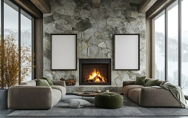 Cozy mountain lodge living room with fireplace, winter view. Ideal for interior design websites