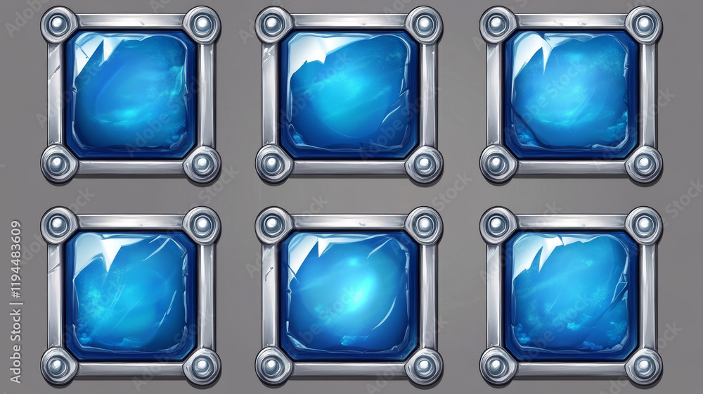 Poster blue buttons with silver decorative frames for rpg game interface. vector cartoon set of square awar