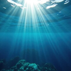 Obraz premium Deep blue ocean surface, sunlight filtering through, sunbeam, dark, pelagic