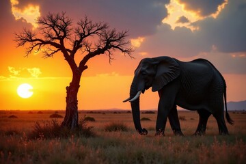 Obraz premium Elderly elephant alone in a dead acacia tree, sunset , africa wildlife, landscape