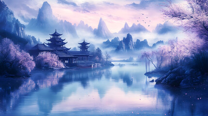 Fototapeta premium Beautiful lakeside landscape featuring a pagoda and soft mist.