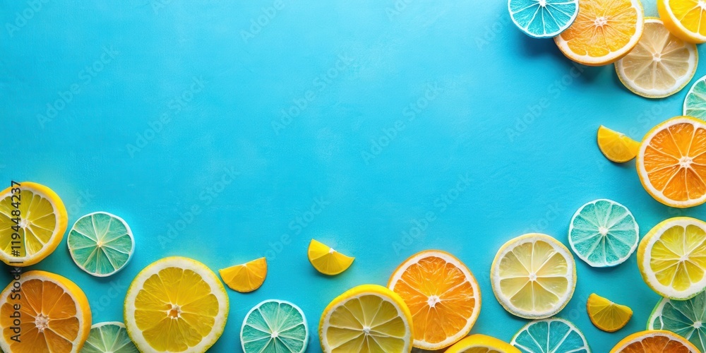 Aufkleber a vibrant blue background with a scattered arrangement of lemon, lime, and orange slices, creating a