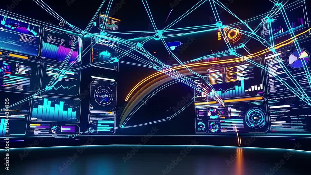 Poster exploring advanced data visualization techniques in a futuristic digital landscape. vfx, hud, ui, gu