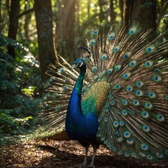 Obraz premium A stunning peacock displaying its feathers in a lush, green forest glade. A peacock spreading its iridescent feathers in a lush green garden.