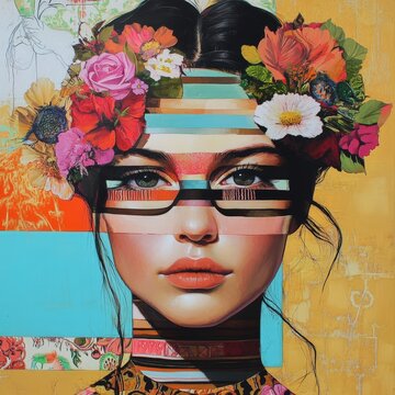 Portrait of a woman adorned with a vibrant floral crown, depicted in a colorful, mixed-media artistic style.