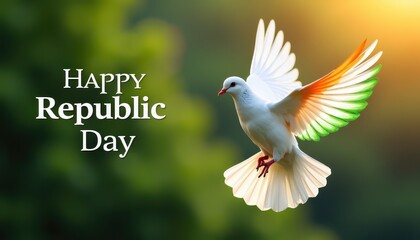 Obraz premium Flying dove with Indian flag colors and text Happy Republic Day in a serene setting.