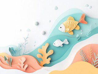 Origami Style Underwater Coral Reef with Vibrant Papercraft Fish  Flat Design