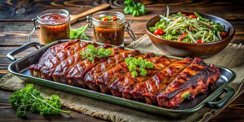 Fototapeta premium Succulent Barbecue Pork Ribs Served on a Rustic Wooden Table with a Side of Fresh Salad