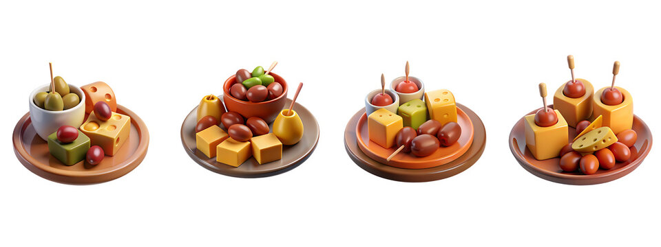 Set de tapas espa&ntilde;olas en 3D: Platos peque&ntilde;os de aceitunas, chorizo ​​y aperitivos tradicionales