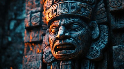Closeup of an ancient stone Mayan or Aztec mask with intricate carvings, set against a background of a stone wall. Dark and moody atmosphere.
