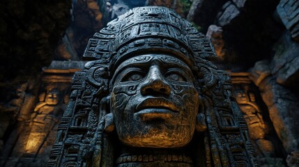 Closeup of an intricately carved ancient stone head inside a dark temple.