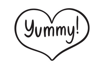 Phrase Yummy Hand drawn doodle isolated clipart in heart symbol. Cute lettering. Template for greeting card, design, menu, fast food cafe.