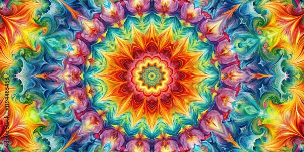 Poster A vibrant and psychedelic abstract painting with swirling colors and intricate patterns that form a kaleidoscope of hues