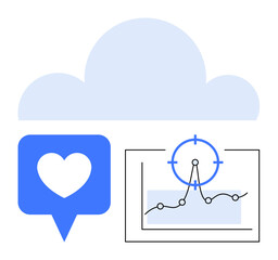 Cloud icon above analytics dashboard with graph and target, next to heart in speech bubble. Ideal for cloud computing, data visualization, social media metrics, tech strategy, business growth