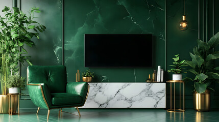 Luxurious green-themed living room with a marble accent wall.