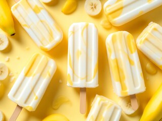 Obraz premium Refreshing Banana Popsicles with Creamy Texture Surrounded by Fresh Bananas and Yellow Background (Photograph)