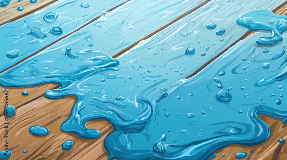 Poster water spills on table top perspective view. vector realistic background with liquid puddles, water d