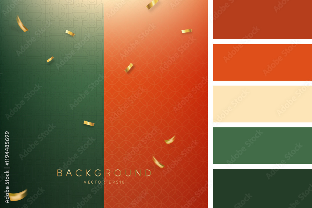 Wall mural chinese new year oriental style patterns on gradient background with confetti and color palette