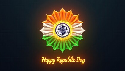 Ashoka Chakra in tricolor with glowing text Happy Republic Day underneath.