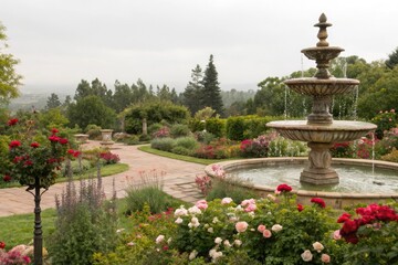 A beautiful and elegant garden scene with vibrant flowers lush greenery and a picturesque fountain, serene environment, , lush greenery, fountain, garden scene