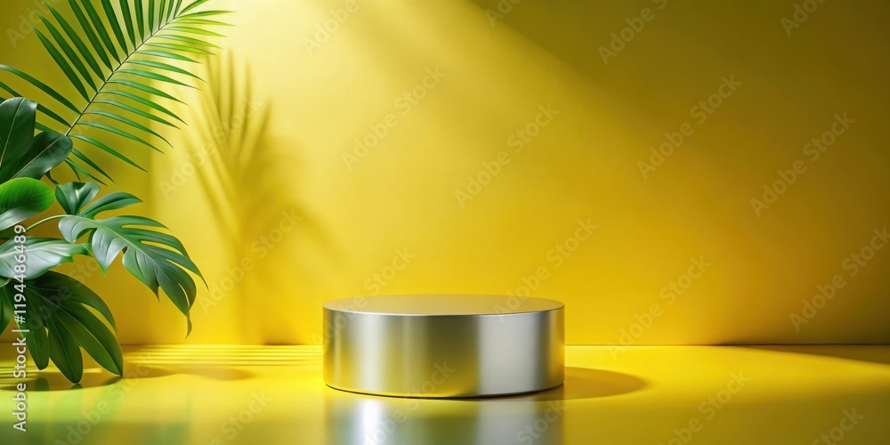 Poster a metallic podium with soft shadows against a yellow backdrop, accented by lush green foliage and li
