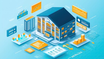 A modern graphic illustration of a building surrounded by data visuals, charts, and analytics, symbolizing digital transformation in real estate, illustration flat art pastel cartoon.