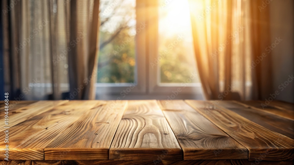 Aufkleber a rustic wooden table with a blurred background of a window with sunlight streaming through the curt
