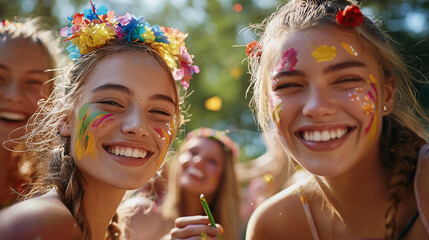 Friends Painting Faces at Festival in Park
