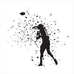 Football player throws ball, isolated vector silhouette with dispersion effect, ink drawing, rear view. American football, team sports