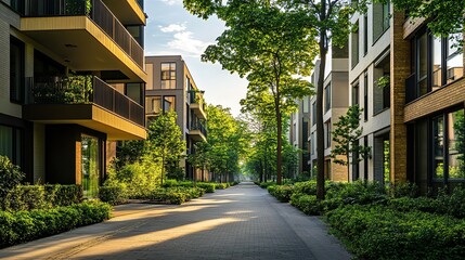 The street in the residential town with modern brick houses and trees under the blue sky creates a calm and comfortable atmosphere