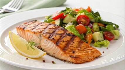 A beautifully presented plate of grilled salmon fillet with a side of fresh vegetable salad, meat options, lunch ideas, restaurant food